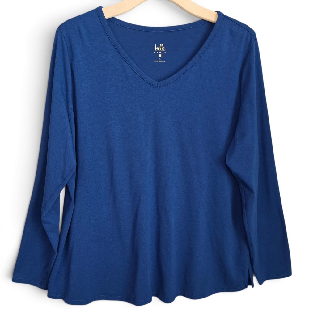 Belle by Kim Gravel Top Womens Large Blue Long Sleeve V Neck Knit Tunic Shirt